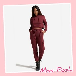 NEW Miss Posh Women's Burgundy Crop Hoodie And Jogger Set Size Large